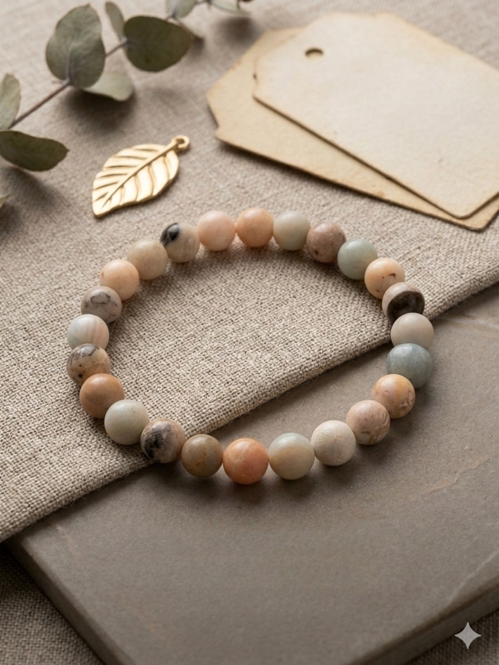 Natural Amazonite Beaded Stretch Bracelet in Pastel Peach and Green